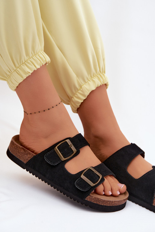 Schwarze Leder-Suede-Slipper mit Schnallen Rosaliae