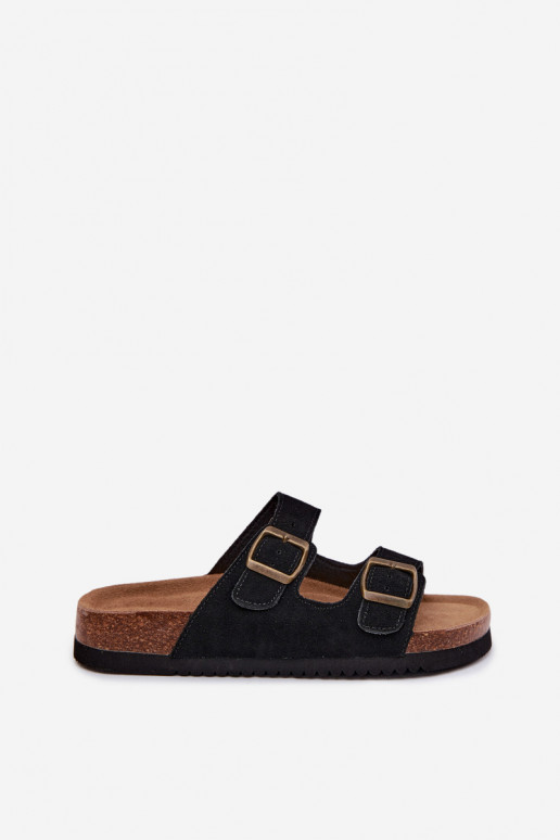Zwarte leren suede slippers met gespen Rosaliae