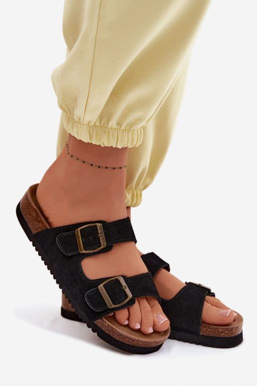 Zwarte leren suede slippers met gespen Rosaliae