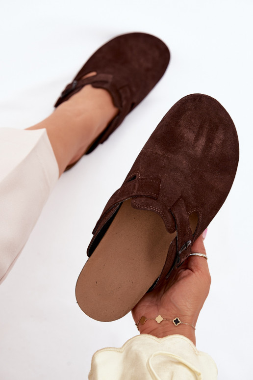 Mules en cuir daim avec boucles Zazoo 1905, couleur chocolat