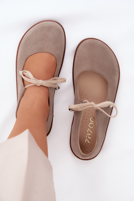 Ziegenveloursleder-Barefoot-Ballerinas mit Riemen Zazoo 021, cappuccino-farbe