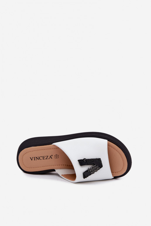 Leren dames slippers met V-vormige bovenkant op platform Vinceza 66950, witte kleur