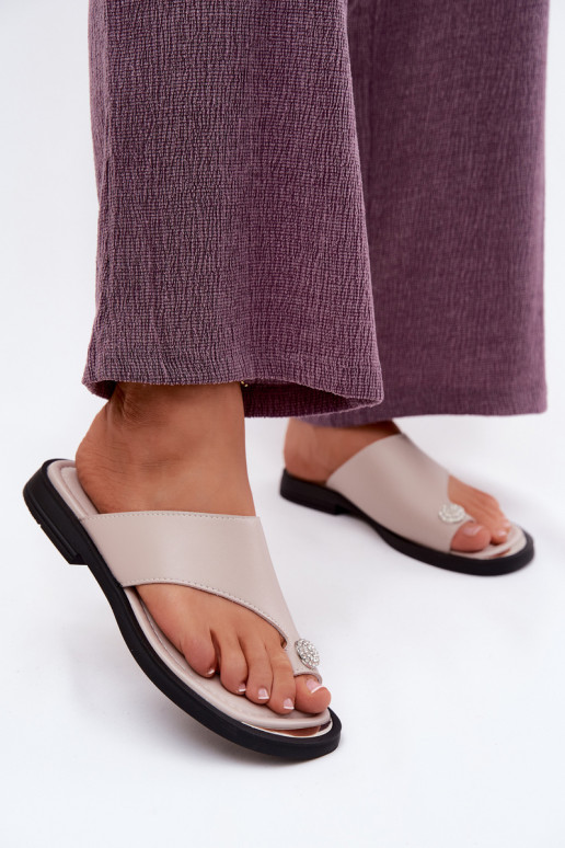 Leren pantoffels Slippers Dames met brede hakken Vinceza 62307 beige