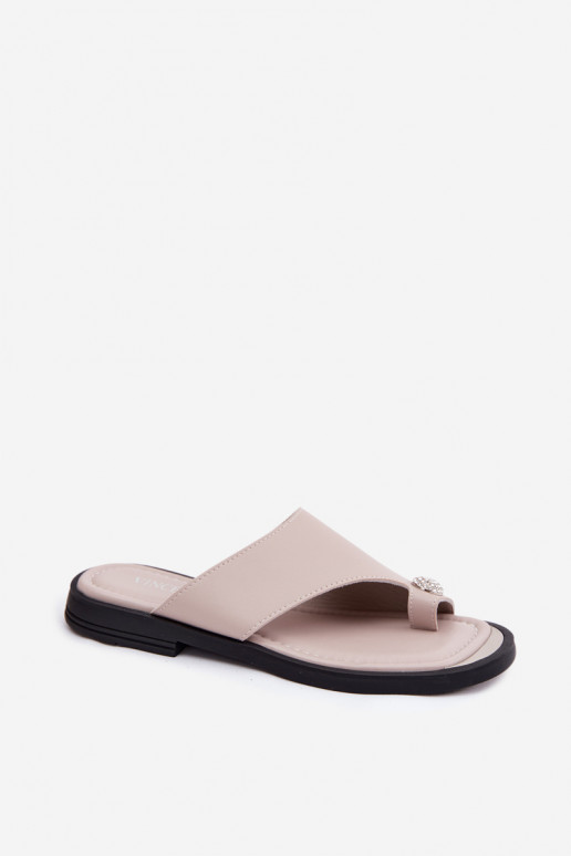 Leren dameslippers met brede hak Vinceza 62307, zandkleur
