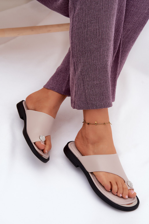 Leren pantoffels Slippers Dames met brede hakken Vinceza 62307 beige