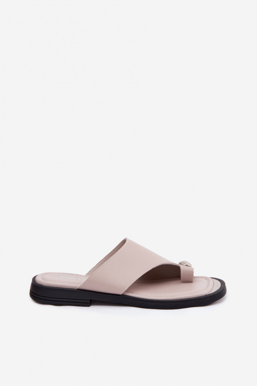 Leren pantoffels Slippers Dames met brede hakken Vinceza 62307 beige