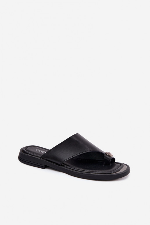 Pantoufles en cuir Chaussons Féminin avec des talons larges Vinceza 62307 couleur noire