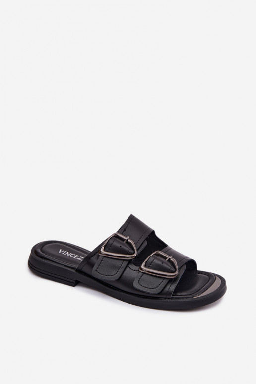 Schwarze Leder-Damenslipper mit Schnallen Vinceza 62304