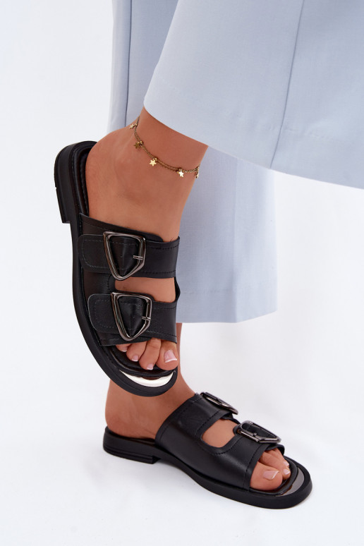 Schwarze Leder-Damenslipper mit Schnallen Vinceza 62304