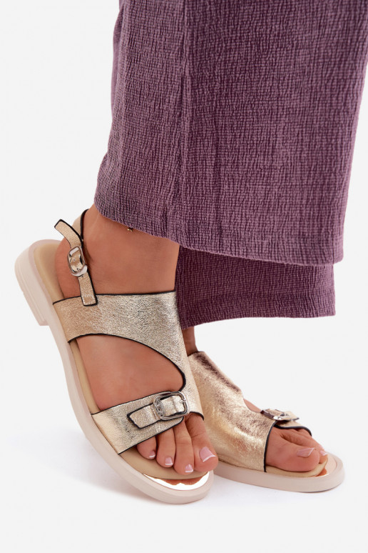 Goldene Damen-Sandalen mit breitem Absatz Vinceza 86434