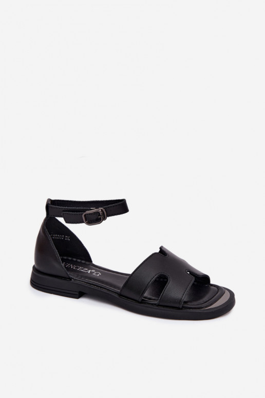 Sandales noires en cuir pour femmes avec large talon Vinceza 62305