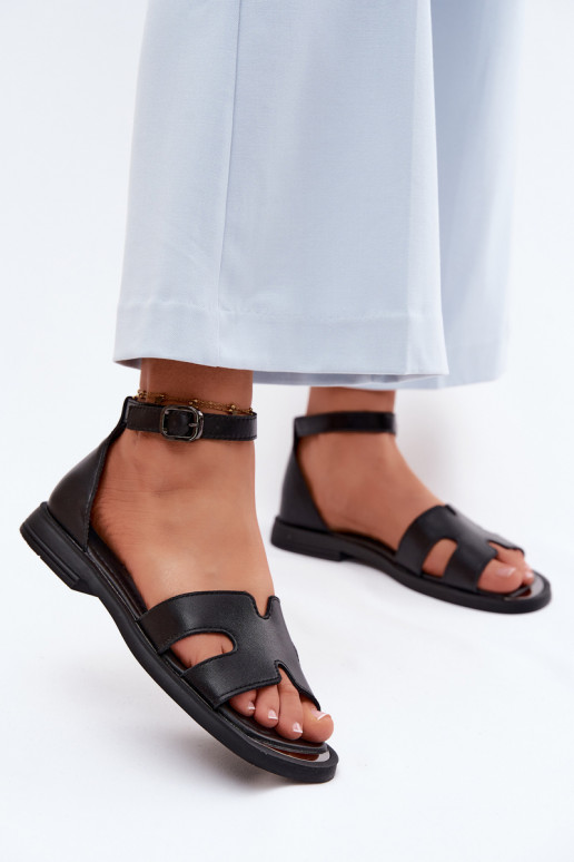 Sandales noires en cuir pour femmes avec large talon Vinceza 62305