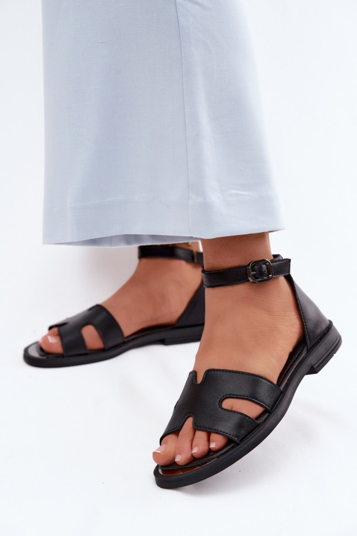 Zwarte leren dames sandalen met brede hak Vinceza 62305