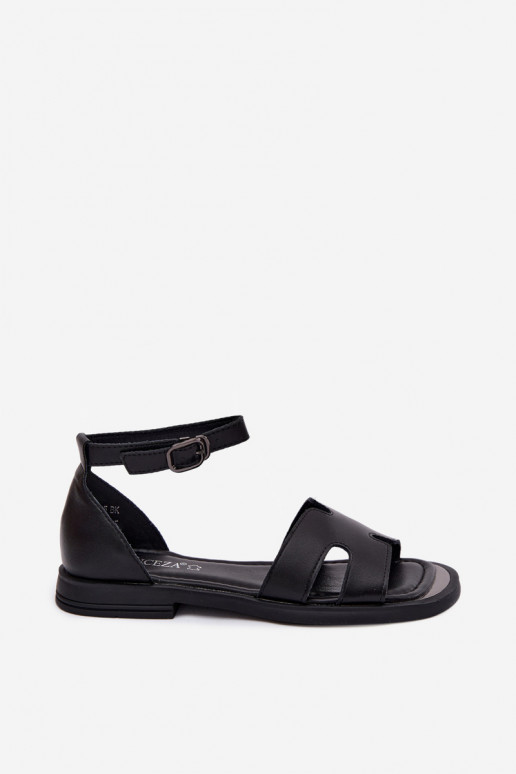 Schwarze Leder-Damensandalen mit breitem Absatz Vinceza 62305