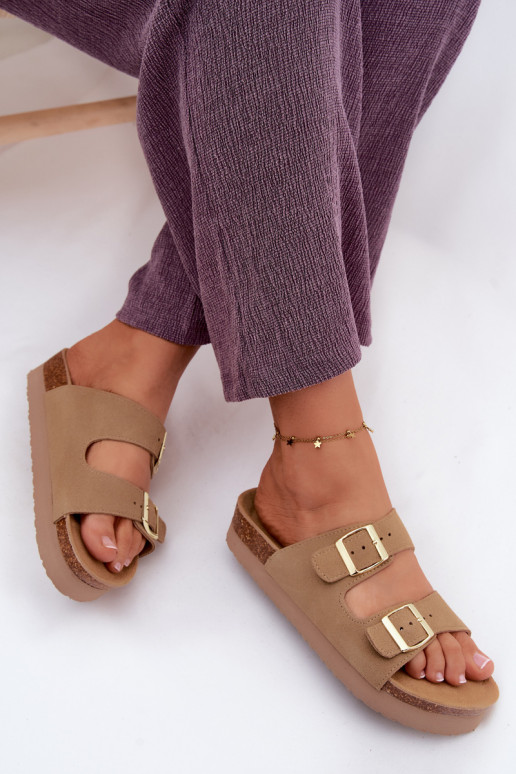 Haut INildleder-Hausschuhe für Damen mit einer Plattform mit Schnallen Vinceza 102657 Beige