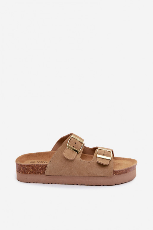 Chaussons en cuir à plateforme avec boucles Vinceza 102657, couleur sable
