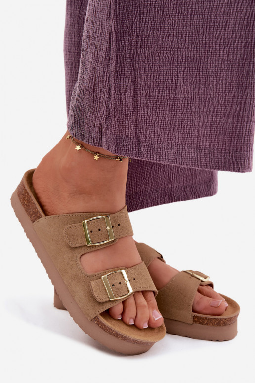 Chaussons en cuir à plateforme avec boucles Vinceza 102657, couleur sable