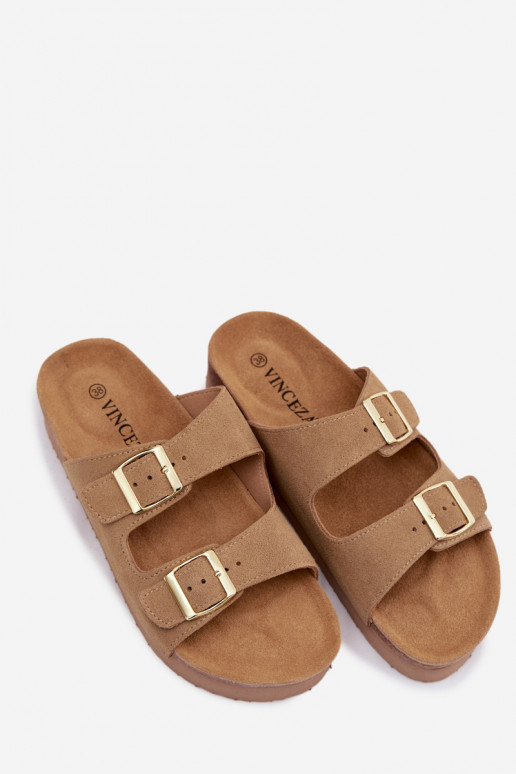 Leer Dames suède pantoffels met platform met gespen Vinceza 102657 beige