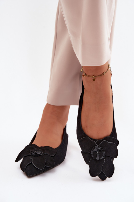 Zwarte leren platformsandalen met brede hak en bloem Vinceza 66951