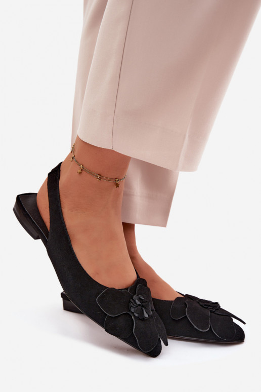 Zwarte leren platformsandalen met brede hak en bloem Vinceza 66951