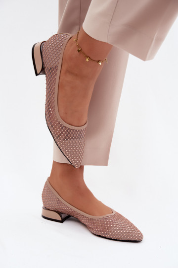 Beige ballerina's met lage hak en netdecoratie Vinceza 62294