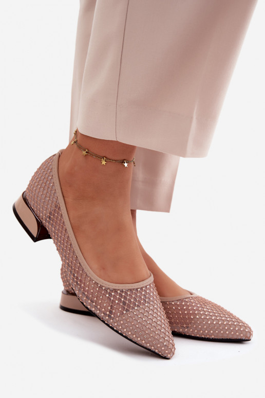 Beige Ballerinas mit niedrigem Absatz und Netzdekoration Vinceza 62294