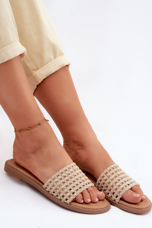 Slippers Dames plat met sprankelende gaten beige Fendi