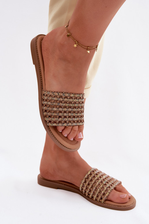 Slippers Dames plat met sprankelende gaten bruine kleur Fendi