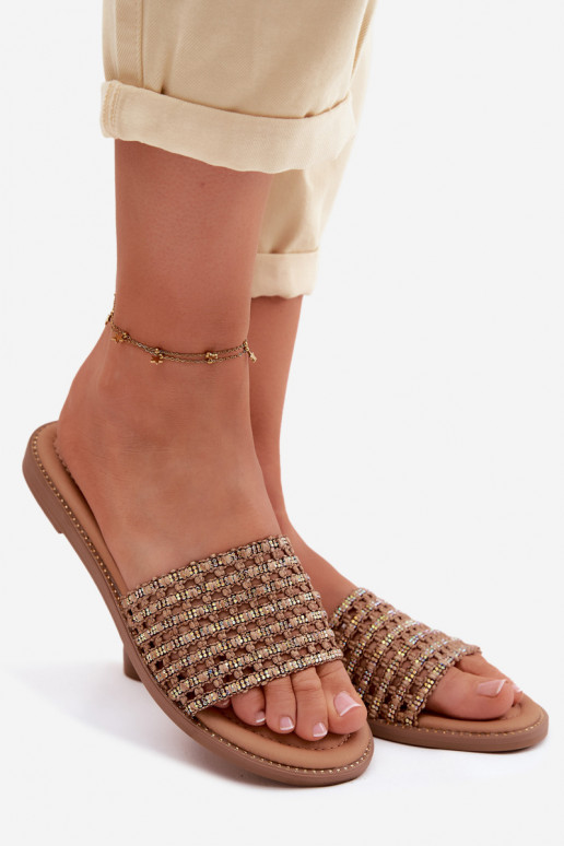 Slippers Dames plat met sprankelende gaten bruine kleur Fendi