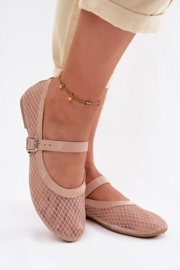 Zandkleurige mesh ballerina's met bandjes Gaia