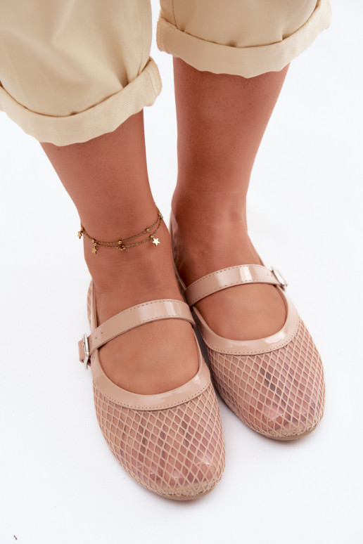 Zandkleurige mesh ballerina's met bandjes Gaia