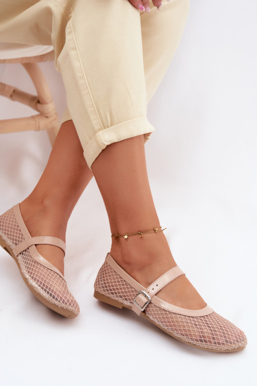 Zandkleurige mesh ballerina's met bandjes Gaia