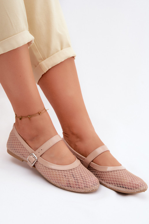Zandkleurige mesh ballerina's met bandjes Gaia