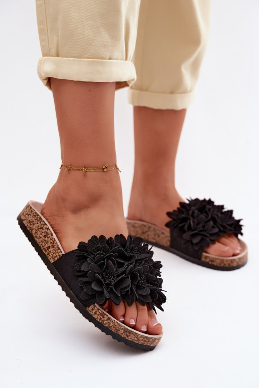 Zwarte faux leather slippers op kurkzool met bloemmotieven Seleneza