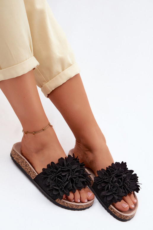 Chaussons en simili cuir noir sur semelle en liège avec motifs floraux Seleneza