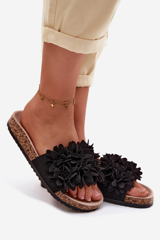 Chaussons en simili cuir noir sur semelle en liège avec motifs floraux Seleneza