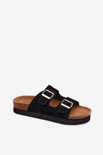 Zwarte faux suede slippers met platform en gespen Vinceza 102657 2