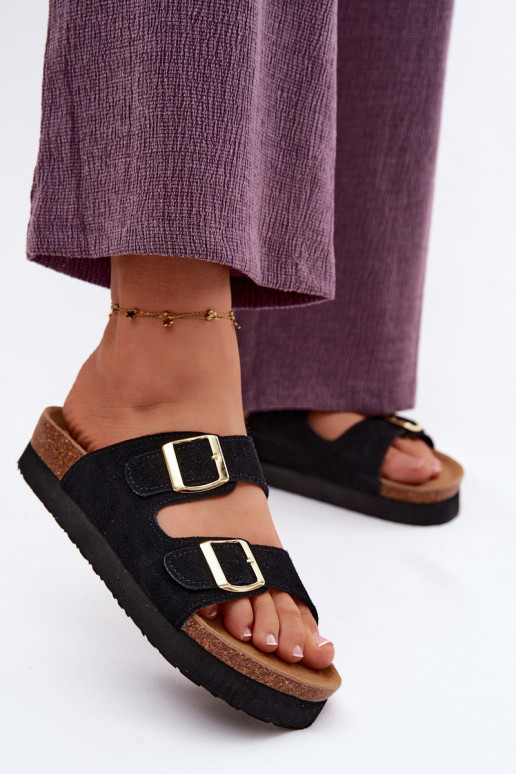 Peau Chaussons femme en daim avec une plateforme avec boucles Vinceza 102657 couleur noire