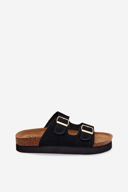 Zwarte faux suede slippers met platform en gespen Vinceza 102657