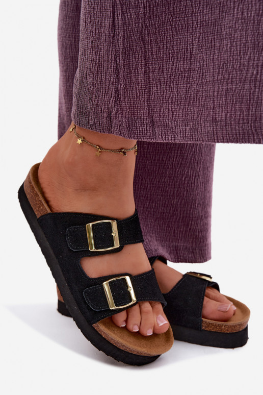 Schwarze Kunstveloursleder-Slipper mit Plattform und Schnallen Vinceza 102657