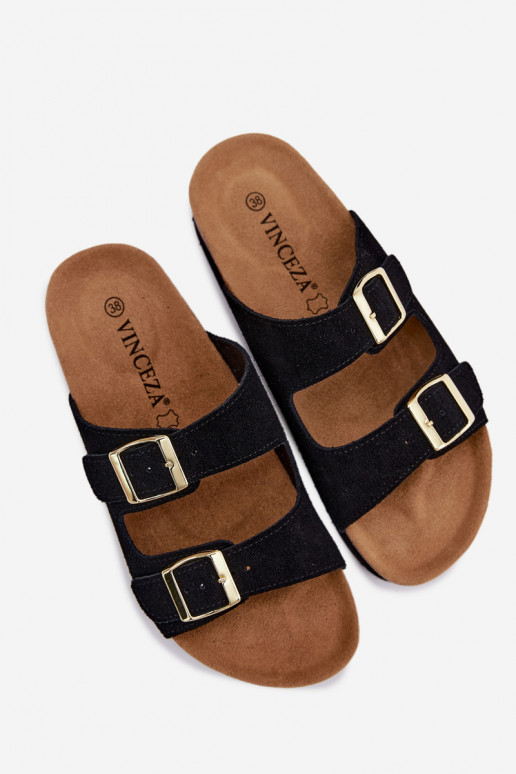 Peau Chaussons femme en daim avec une plateforme avec boucles Vinceza 102657 couleur noire