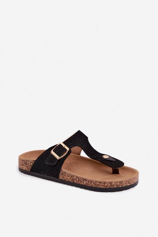 Zwarte faux suede slippers met gouden gespen Honey