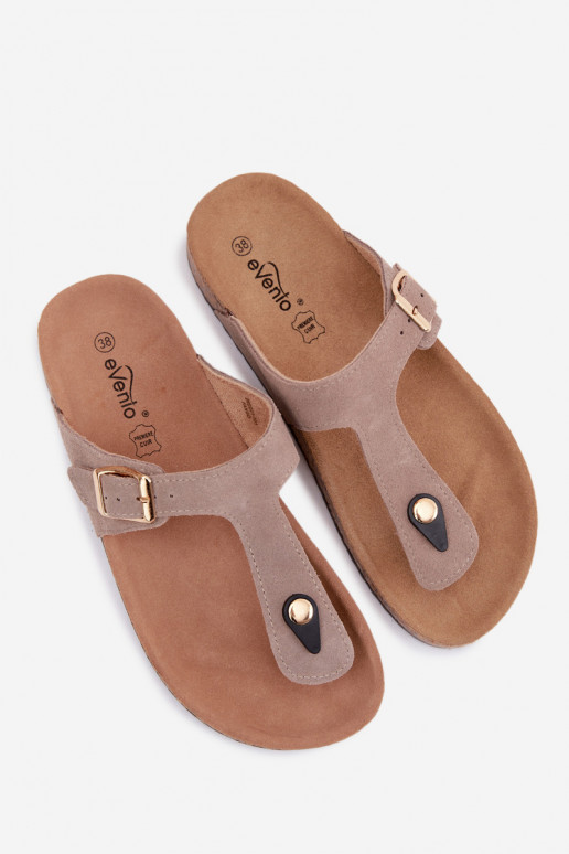 Zandkleurige faux suede slippers met gouden gespen Honey