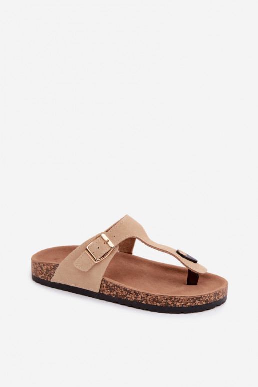 Zandkleurige faux suede slippers met gouden gespen Honey