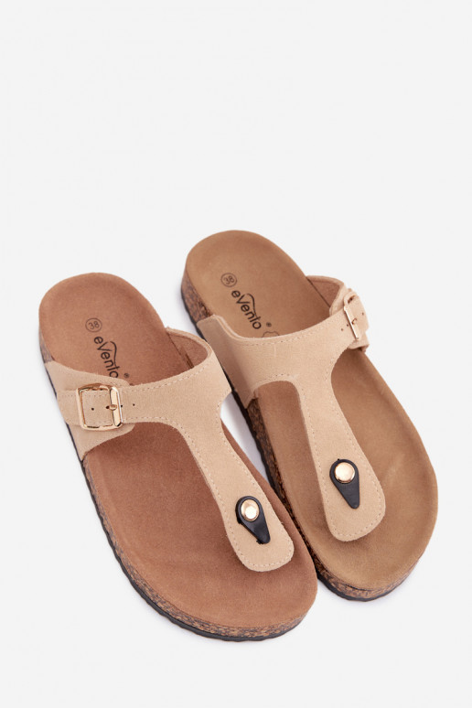 Sandfarbene Slipper aus Kunstveloursleder mit goldenen Schnallen Honey