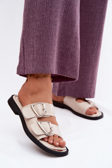 Pantoufles en cuir Féminin avec boucles Vinceza 62304 beige 2