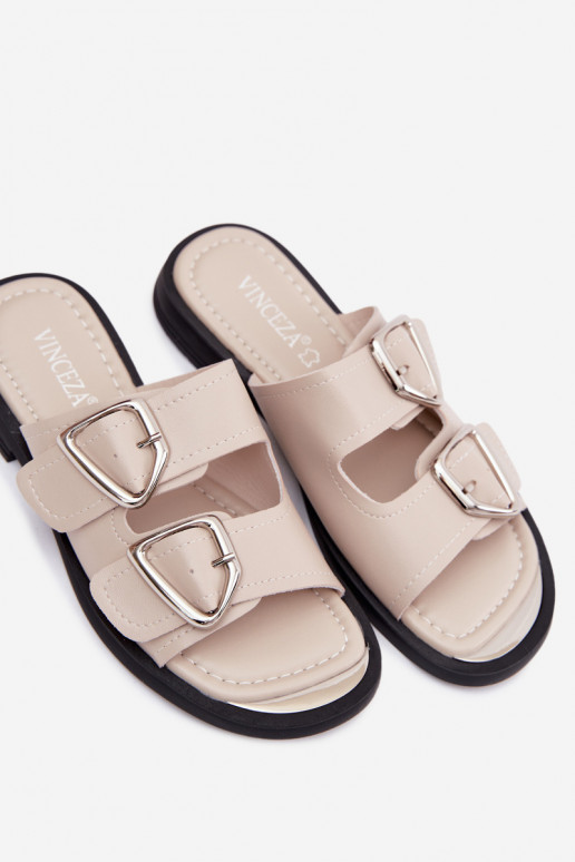 Leren slippers met gespen Vinceza 62304 zandkleurig