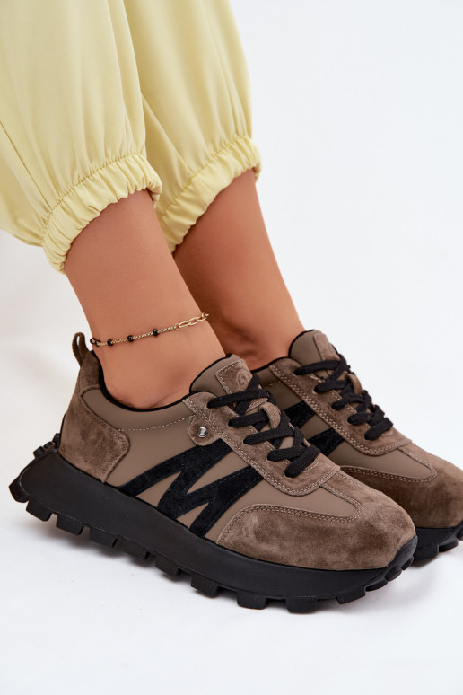 Leer van suède Sneakers model schoenen Dames met platform Vinceza 41520 kaki kleuren