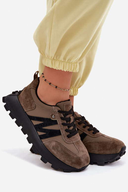 Leer van suède Sneakers model schoenen Dames met platform Vinceza 41520 kaki kleuren