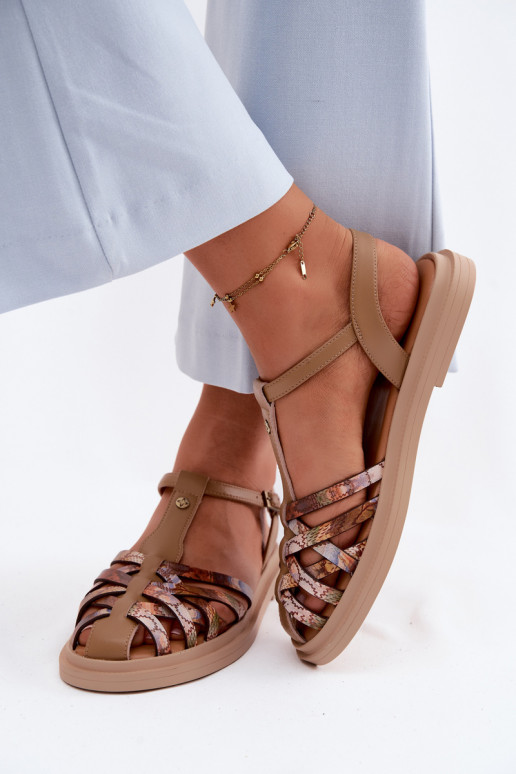 Peau Sandales plates pour femmes avec des bandes Il fautciejka K7442-04 beige